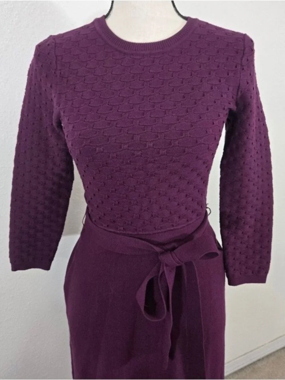 Eliza J Purple 3/4 Sleeves Crewneck Tie Waist Fit & Flare Sweater Dress, size XS